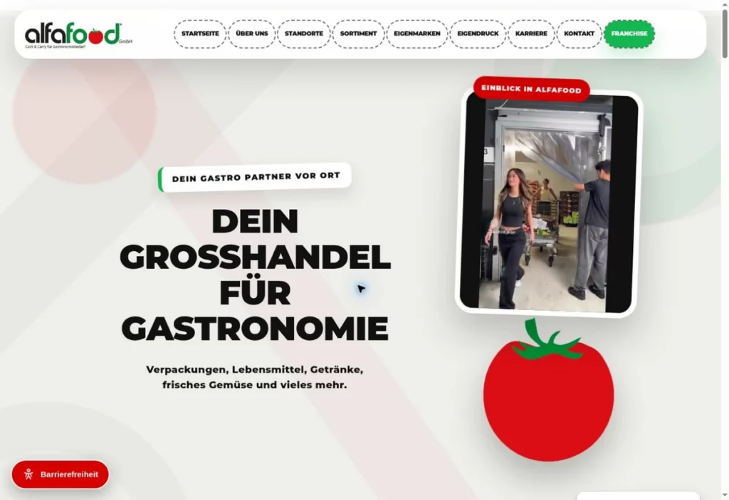 Startseite von Alfafood mit Großhandelsangebot, grün-rotem Logo und Einblick in den Gastronomiebedarf