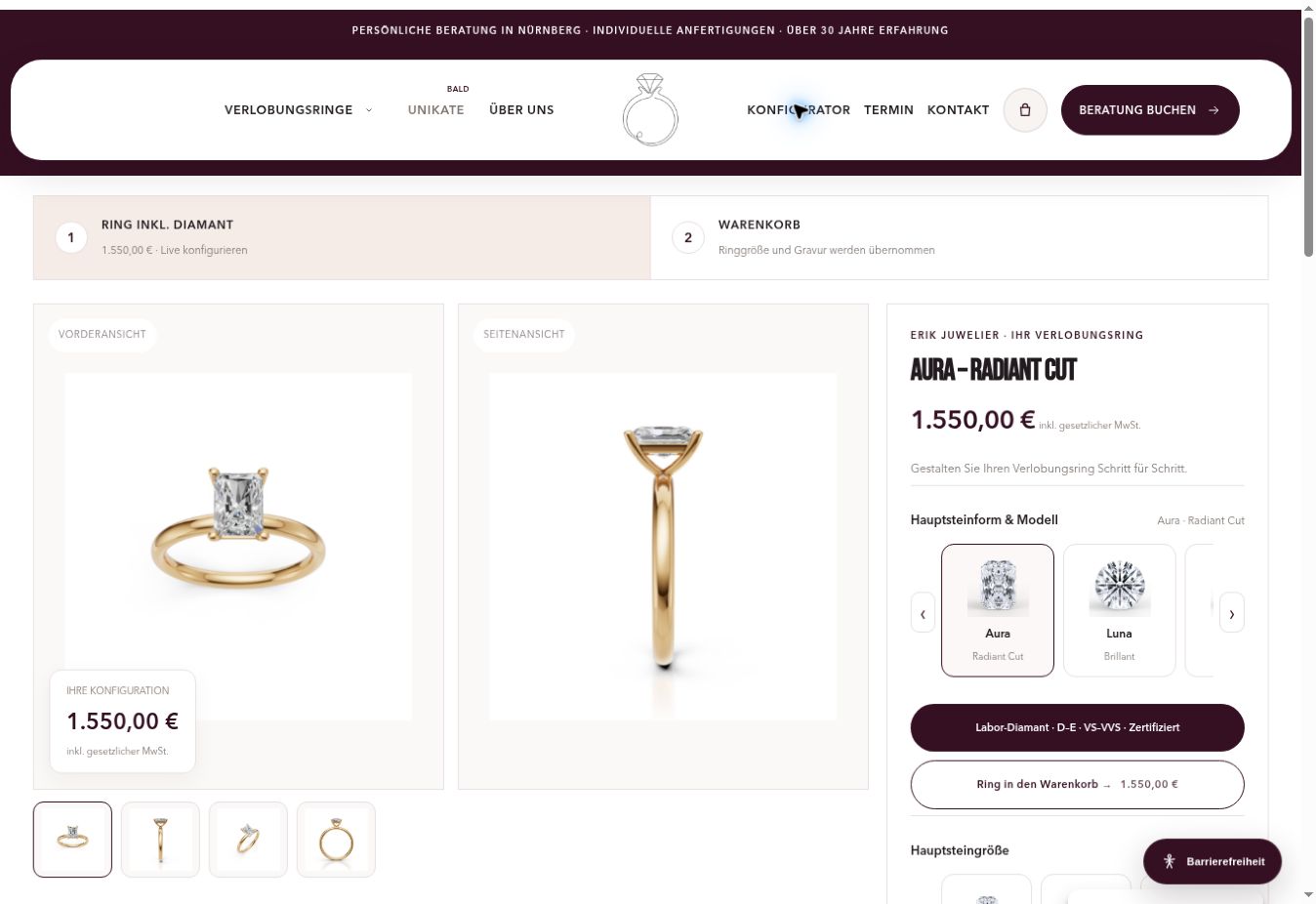 Aktuelle Website von ERIK Juwelier mit interaktivem Trauring-Konfigurator