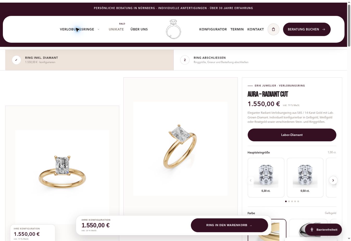 Produktseite des aktuellen ERIK-Juwelier-Shops mit Ringabbildung und Produktauswahl