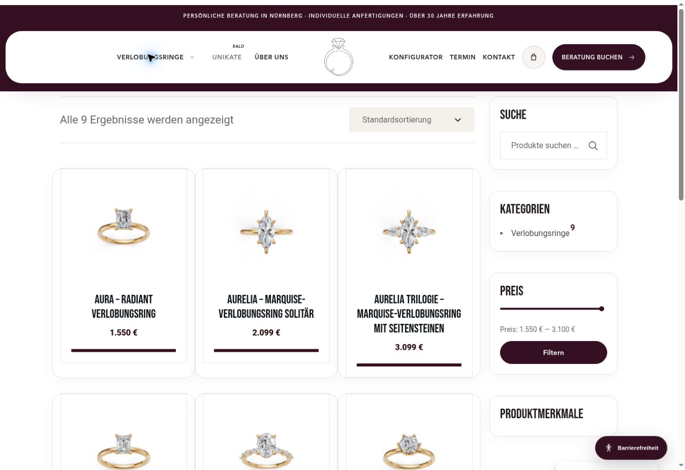 Aktueller ERIK-Juwelier-Onlineshop mit Trauring-Auswahl