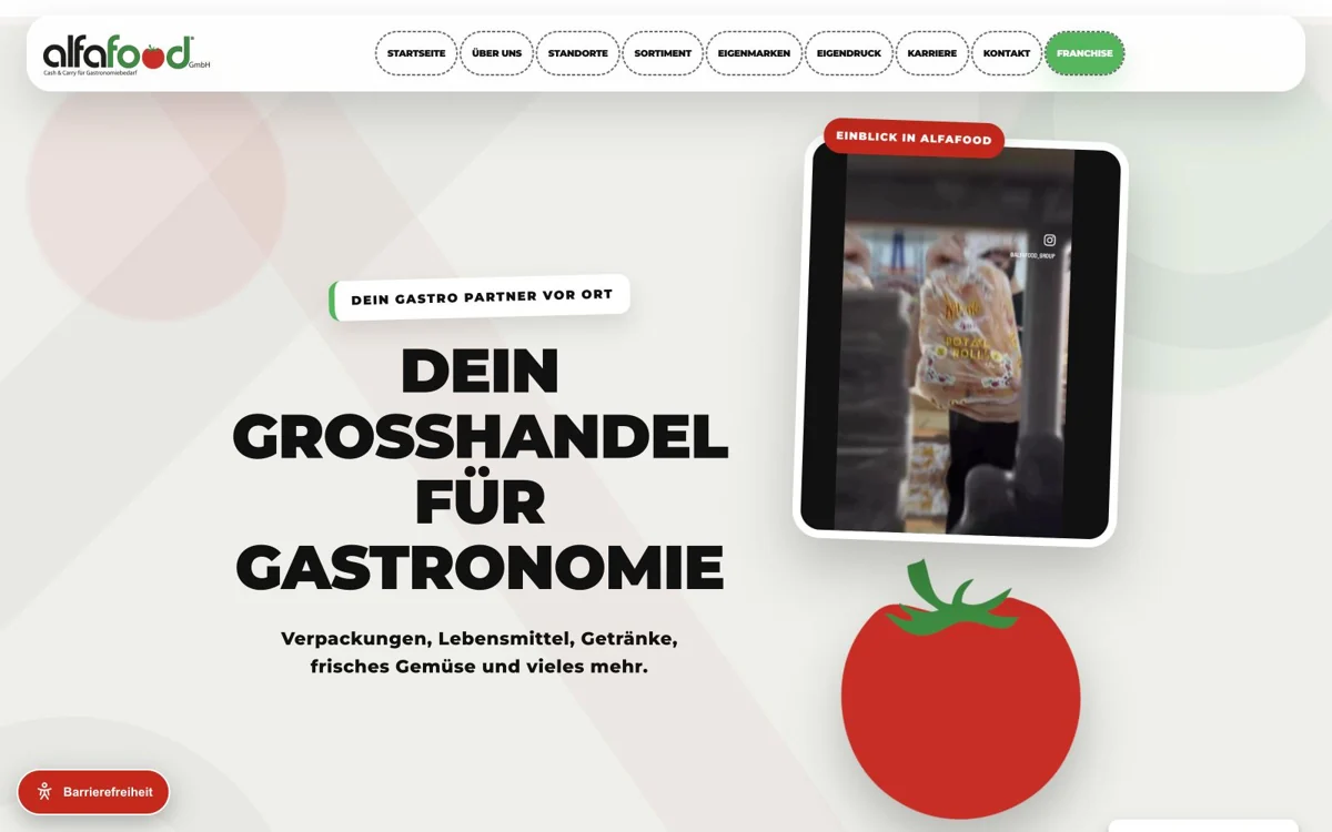 Erster Abschnitt der Alfafood-Startseite mit Hauptangebot und Navigation