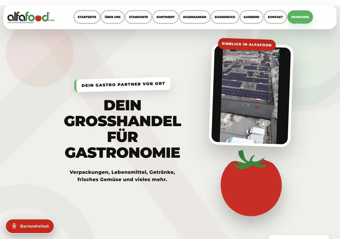 Webdesign-Referenz von Fost-Media: Alfafood-Website mit Sortiment und Kontaktwegen für Geschäftskunden