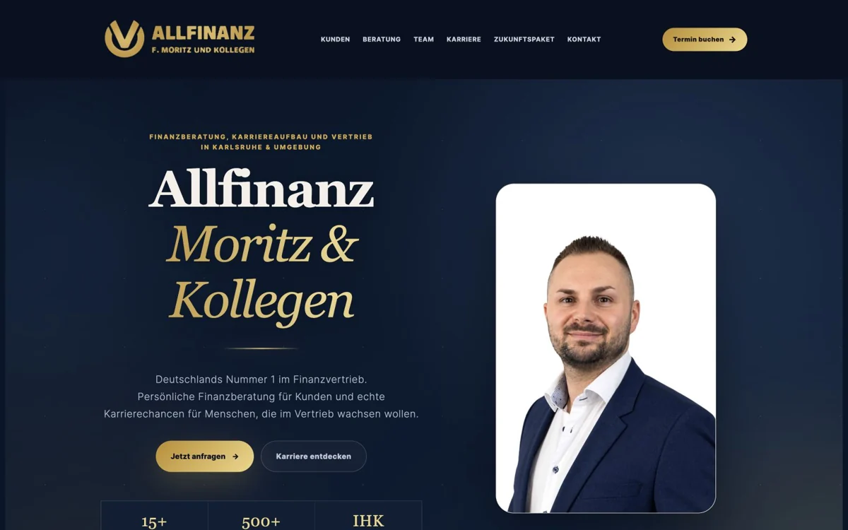 Erster Abschnitt der Startseite von Allfinanz Moritz & Kollegen mit Hauptangebot und Navigation
