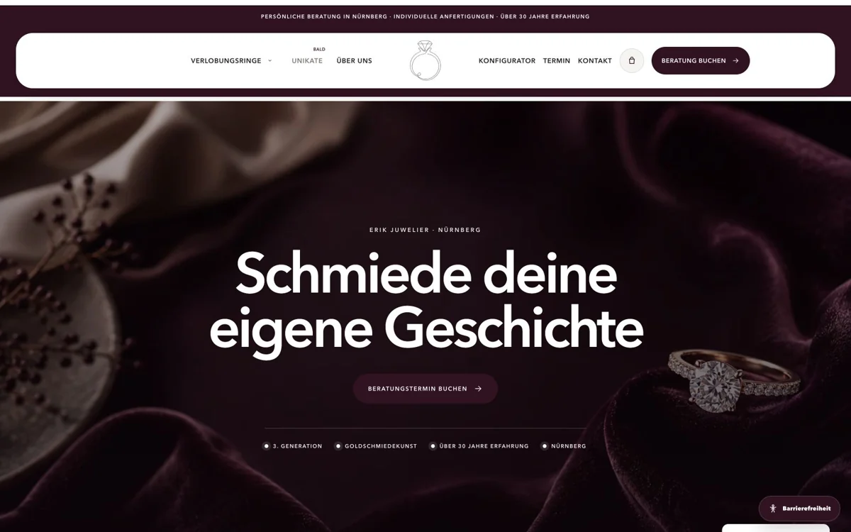 Erster Abschnitt der Startseite von Erik Juwelier mit Hauptangebot und Navigation