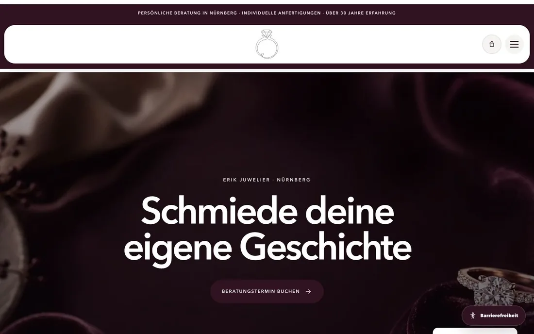WordPress-Webdesign von Fost-Media: Erik Juwelier mit Ringkollektion und Beratungstermin