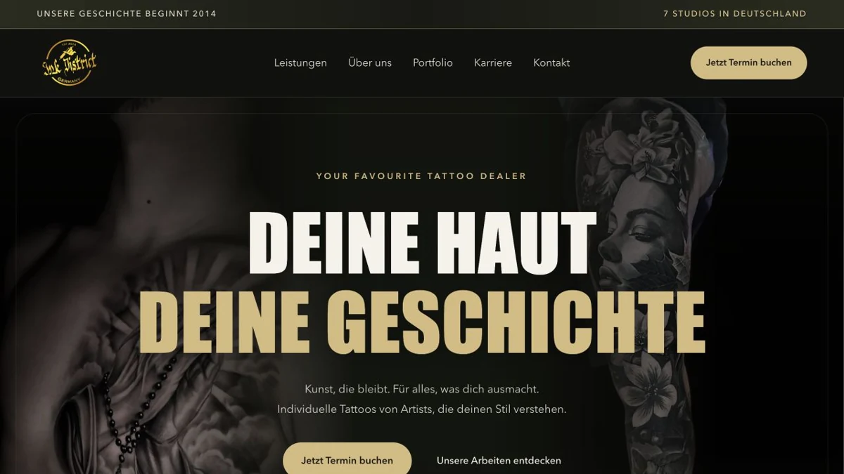 Erster Abschnitt der Ink District-Startseite in Desktop-Ansicht