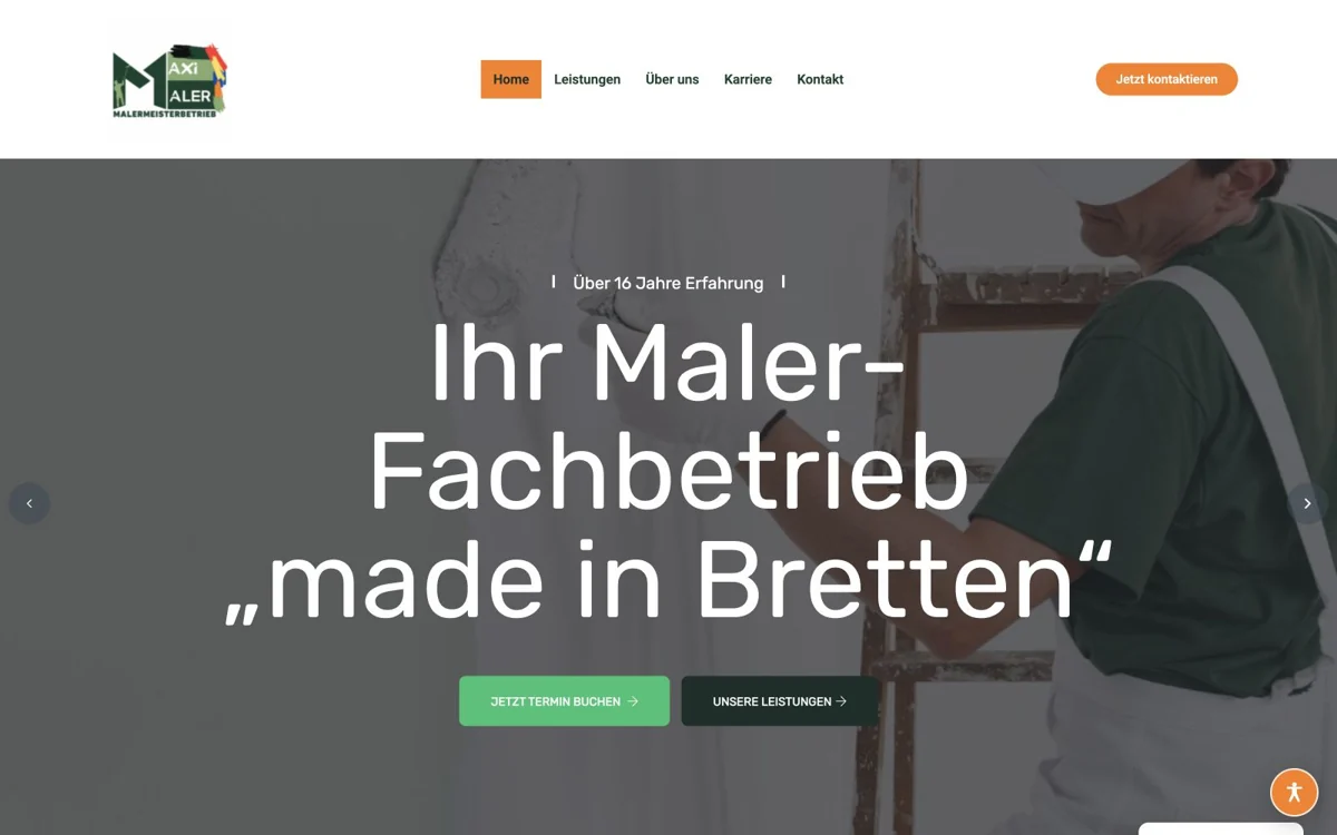 Erster Abschnitt der Startseite von MaxiMaler mit Hauptangebot und Navigation