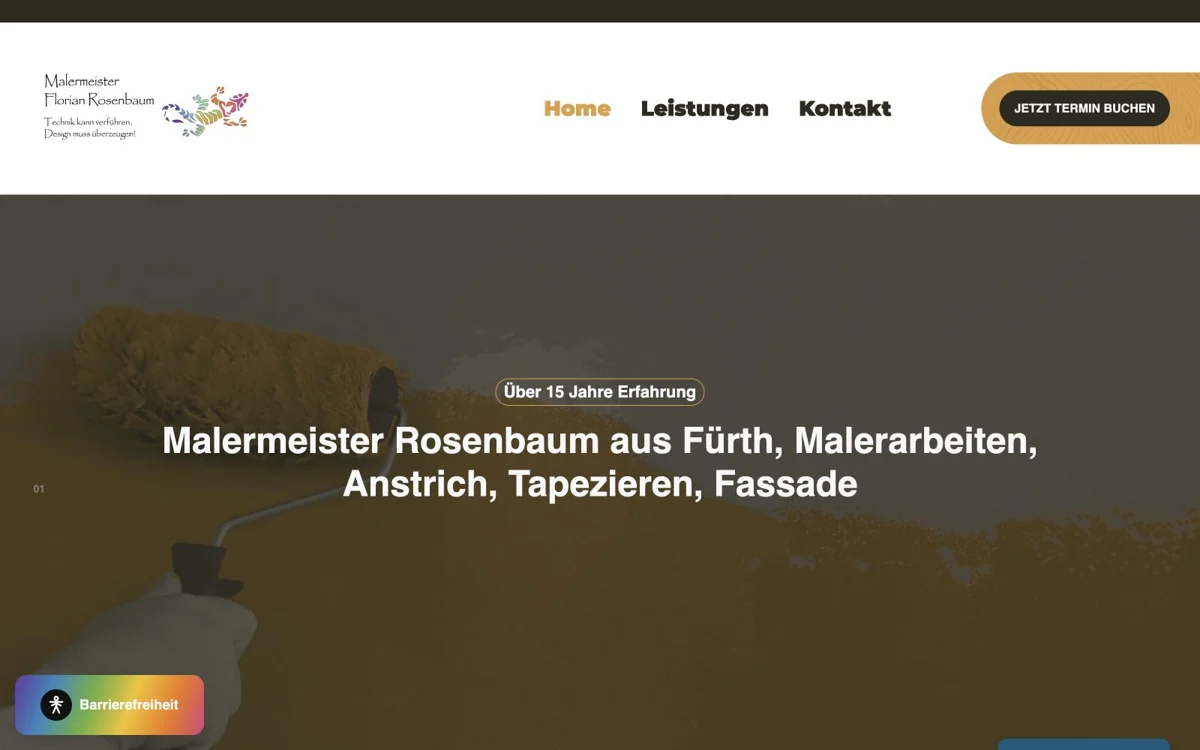 Erster Abschnitt der Startseite von Malermeister Rosenbaum mit Hauptangebot und Navigation